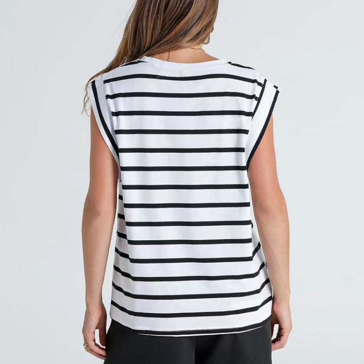 Women Stripe Style Summer Loose Top Basic T-Shirt Round Neck Casual Tank, Size: S - White