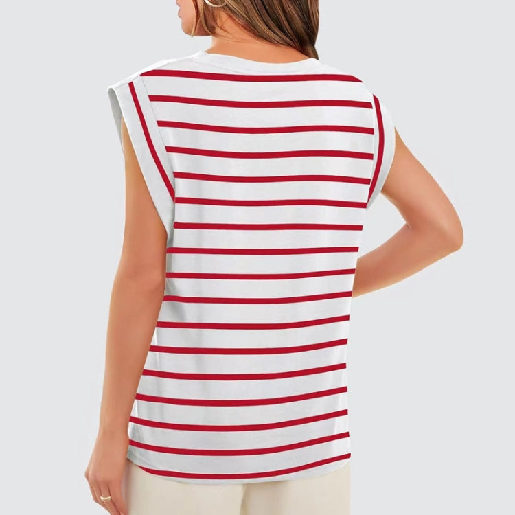 Women Stripe Style Summer Loose Top Basic T-Shirt Round Neck Casual Tank, Size: S - Red