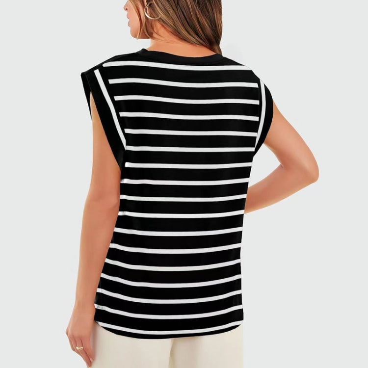 Women Stripe Style Summer Loose Top Basic T-Shirt Round Neck Casual Tank, Size: M - Black