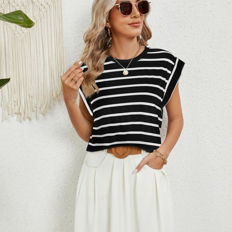 Women Stripe Style Summer Loose Top Basic T-Shirt Round Neck Casual Tank, Size: M - Black