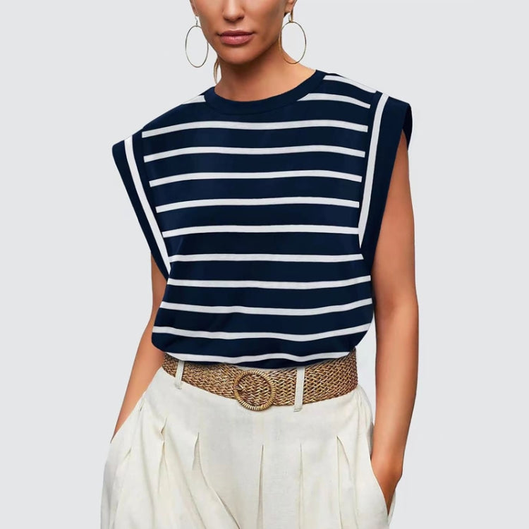 Women Stripe Style Summer Loose Top Basic T-Shirt Round Neck Casual Tank, Size: M - Tibetan