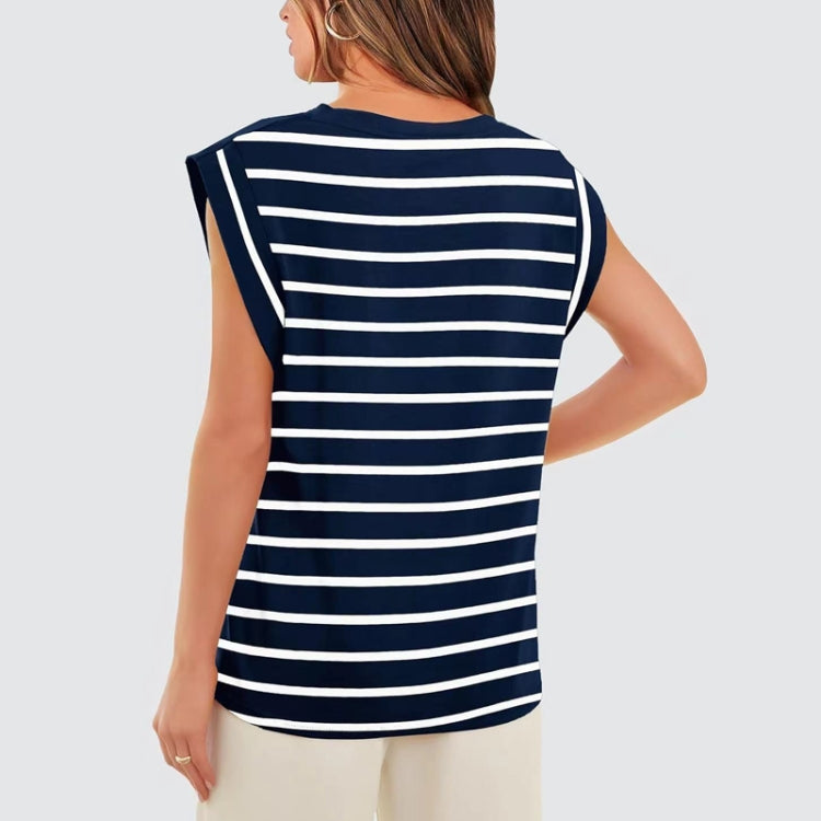Women Stripe Style Summer Loose Top Basic T-Shirt Round Neck Casual Tank, Size: M - Tibetan