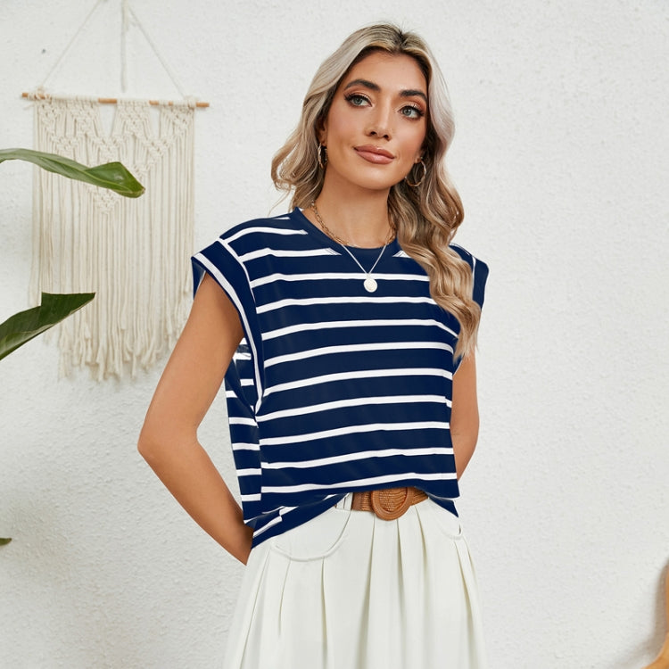 Women Stripe Style Summer Loose Top Basic T-Shirt Round Neck Casual Tank, Size: M - Tibetan