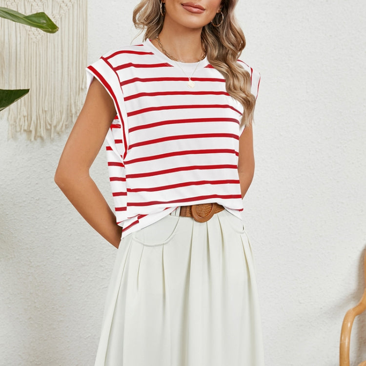 Women Stripe Style Summer Loose Top Basic T-Shirt Round Neck Casual Tank, Size: M - Red