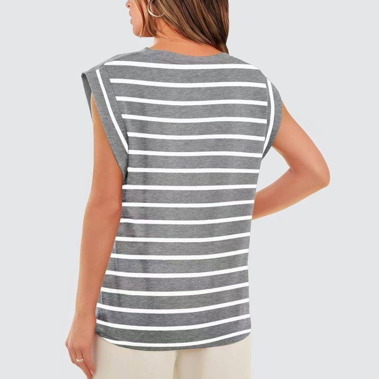 Women Stripe Style Summer Loose Top Basic T-Shirt Round Neck Casual Tank, Size: M - Gray