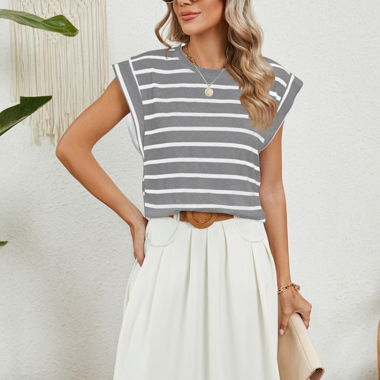 Women Stripe Style Summer Loose Top Basic T-Shirt Round Neck Casual Tank, Size: M - Gray