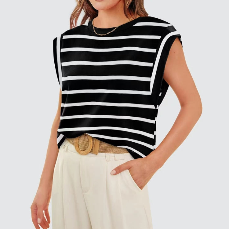 Women Stripe Style Summer Loose Top Basic T-Shirt Round Neck Casual Tank, Size: L - Black