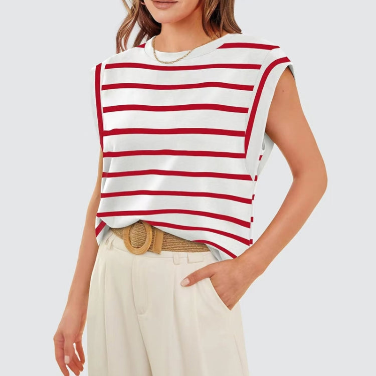 Women Stripe Style Summer Loose Top Basic T-Shirt Round Neck Casual Tank, Size: L - Red