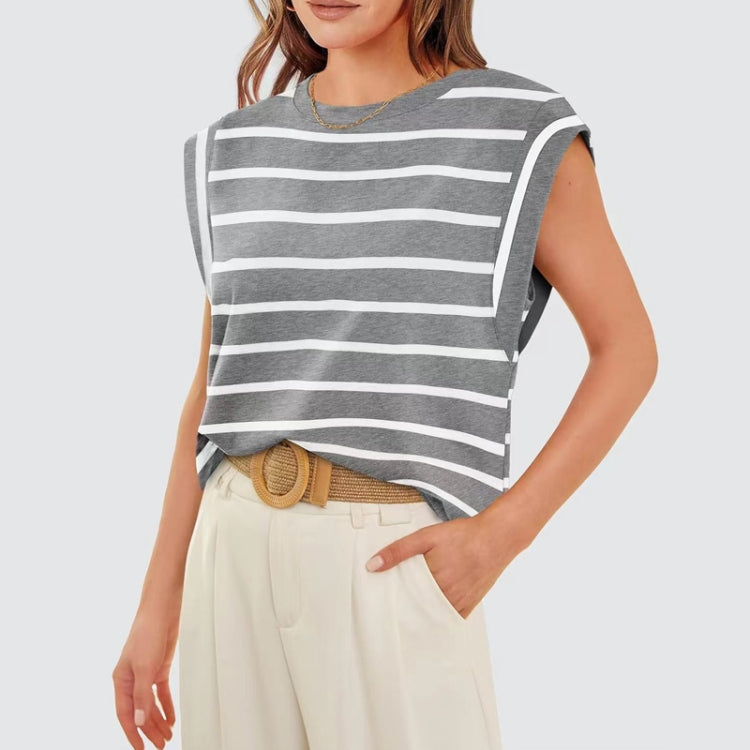 Women Stripe Style Summer Loose Top Basic T-Shirt Round Neck Casual Tank, Size: XL - Gray