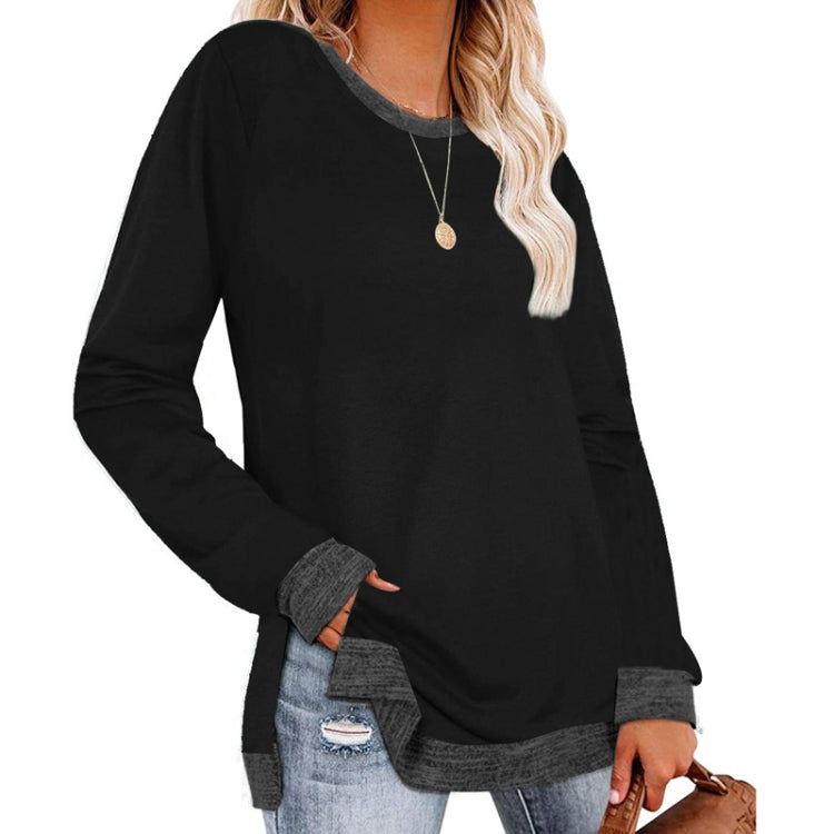 Long Sleeve Round Neck Colorblocked Split Top Ladies Loose Casual Pullover T-Shirt, Size: L