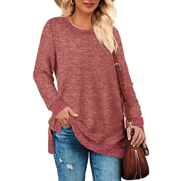 Long Sleeve Round Neck Colorblocked Split Top Ladies Loose Casual Pullover T-Shirt, Size: L