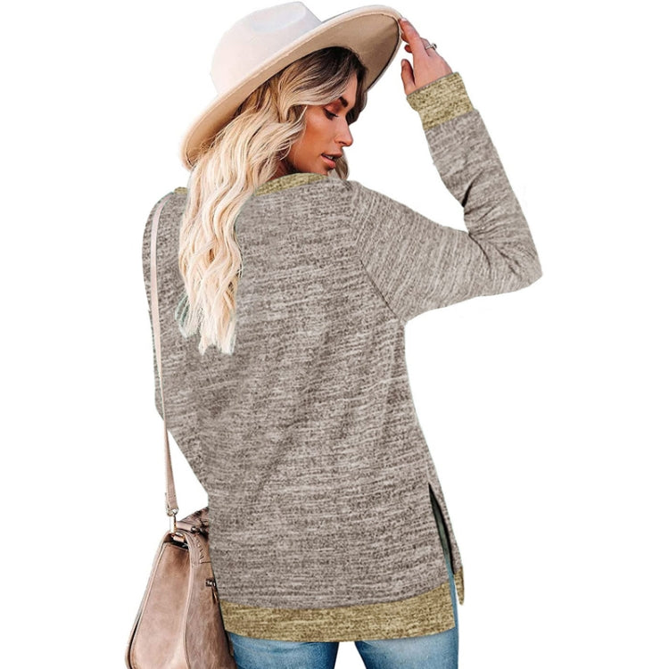 Long Sleeve Round Neck Colorblocked Split Top Ladies Loose Casual Pullover T-Shirt, Size: L