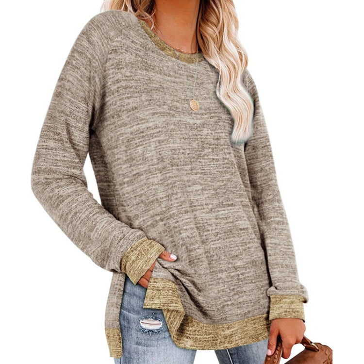 Long Sleeve Round Neck Colorblocked Split Top Ladies Loose Casual Pullover T-Shirt, Size: L