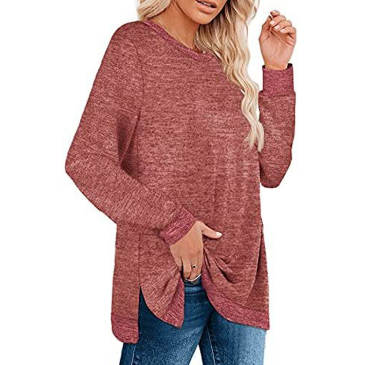 Long Sleeve Round Neck Colorblocked Split Top Ladies Loose Casual Pullover T-Shirt, Size: XL