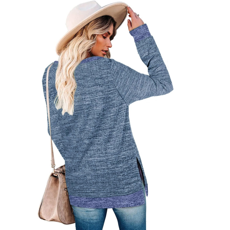 Long Sleeve Round Neck Colorblocked Split Top Ladies Loose Casual Pullover T-Shirt, Size: XL