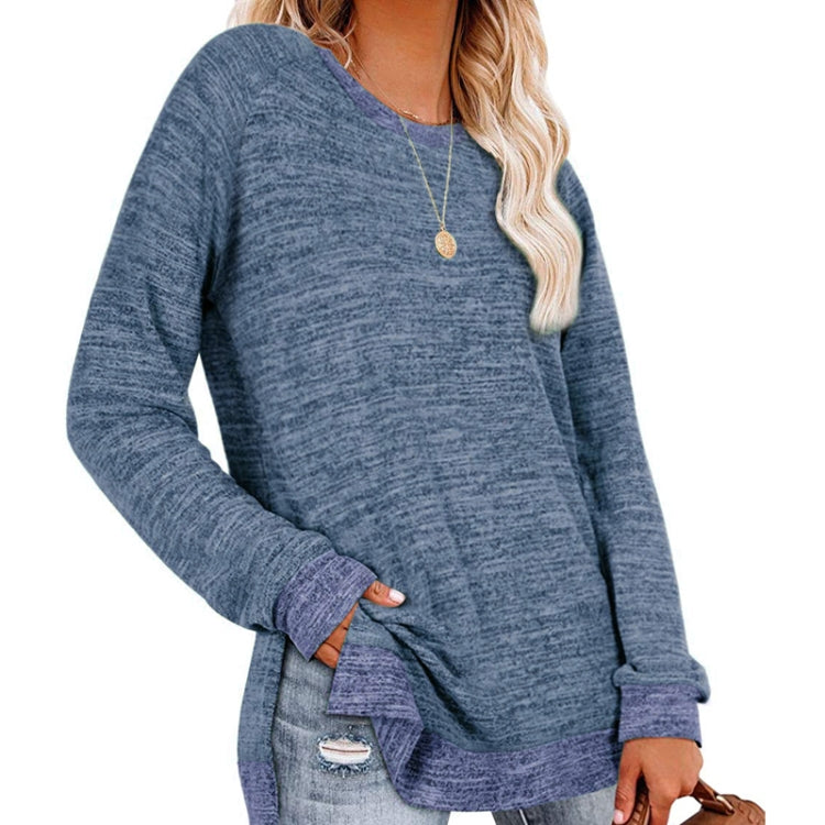 Long Sleeve Round Neck Colorblocked Split Top Ladies Loose Casual Pullover T-Shirt, Size: XXL