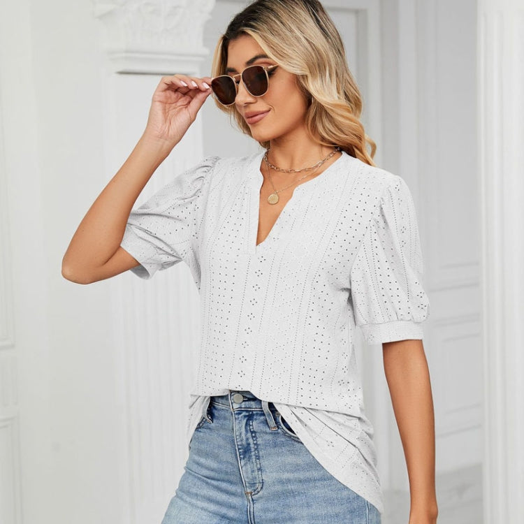 Women Summer Casual V-Neck Hollow Bubble Sleeve Loose T-Shirt, Size: S