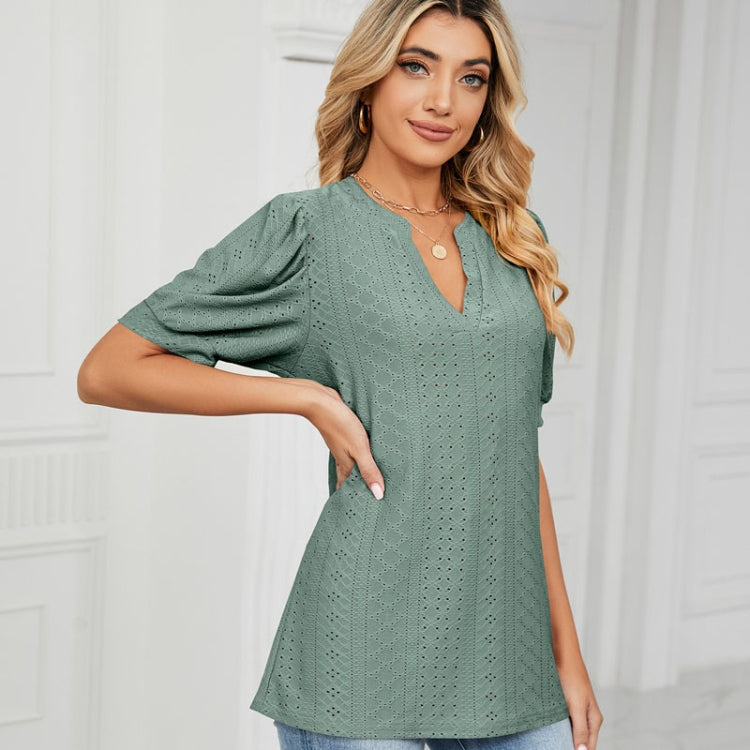 Women Summer Casual V-Neck Hollow Bubble Sleeve Loose T-Shirt, Size: S