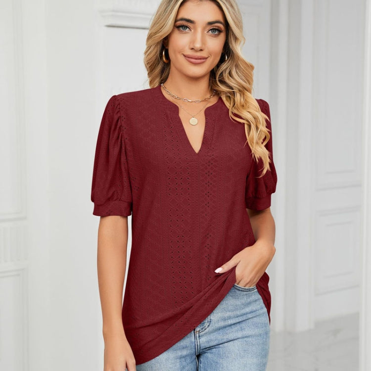 Women Summer Casual V-Neck Hollow Bubble Sleeve Loose T-Shirt, Size: S