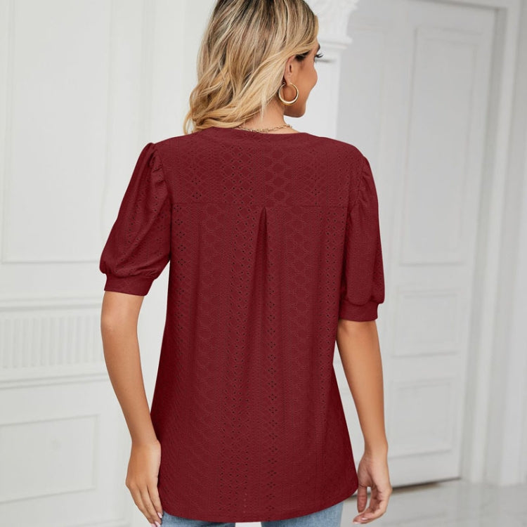 Women Summer Casual V-Neck Hollow Bubble Sleeve Loose T-Shirt, Size: S