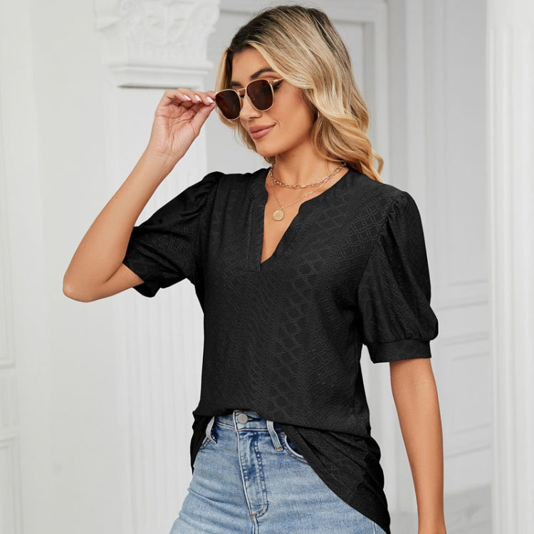 Women Summer Casual V-Neck Hollow Bubble Sleeve Loose T-Shirt, Size: M