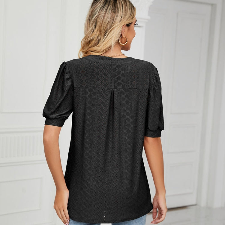 Women Summer Casual V-Neck Hollow Bubble Sleeve Loose T-Shirt, Size: M