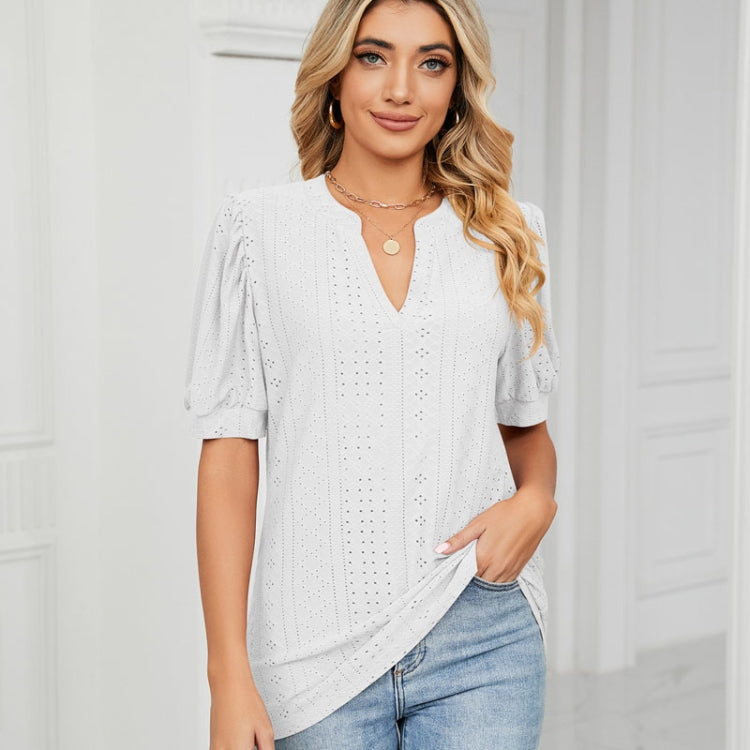 Women Summer Casual V-Neck Hollow Bubble Sleeve Loose T-Shirt, Size: M