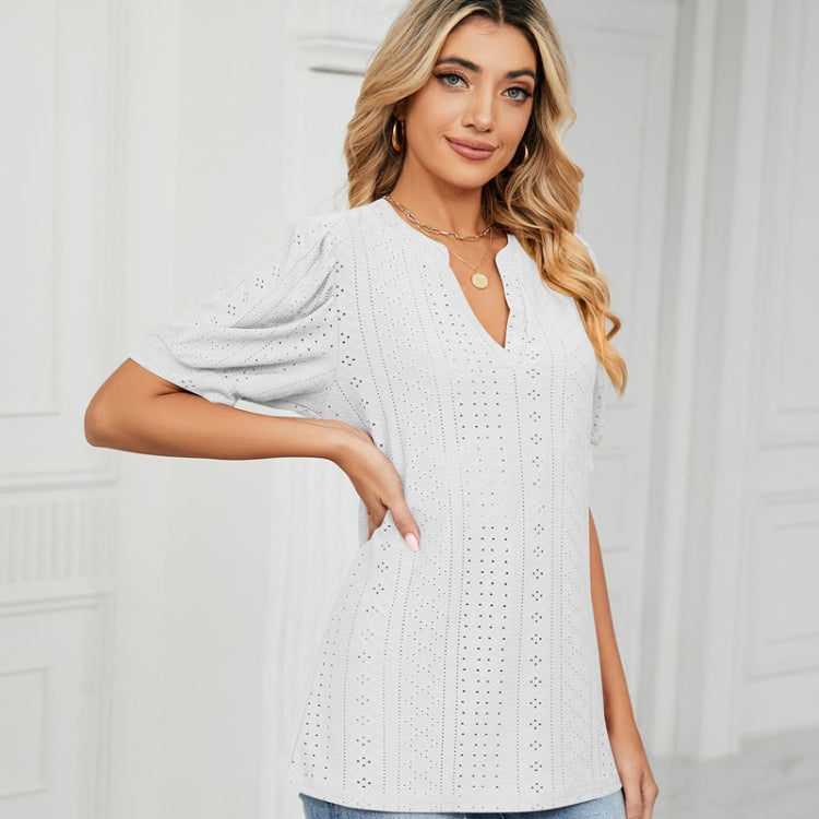 Women Summer Casual V-Neck Hollow Bubble Sleeve Loose T-Shirt, Size: M
