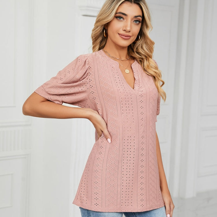Women Summer Casual V-Neck Hollow Bubble Sleeve Loose T-Shirt, Size: M