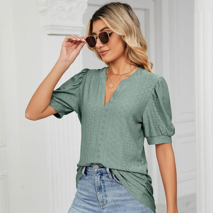Women Summer Casual V-Neck Hollow Bubble Sleeve Loose T-Shirt, Size: M