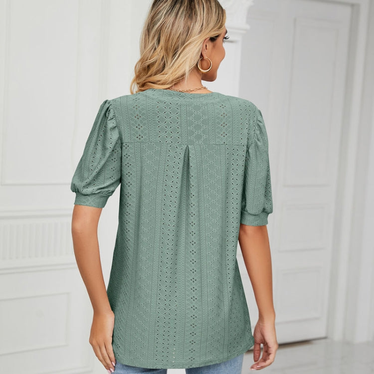 Women Summer Casual V-Neck Hollow Bubble Sleeve Loose T-Shirt, Size: M