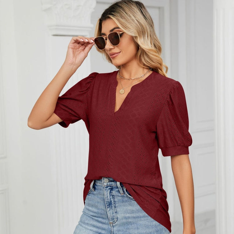 Women Summer Casual V-Neck Hollow Bubble Sleeve Loose T-Shirt, Size: M