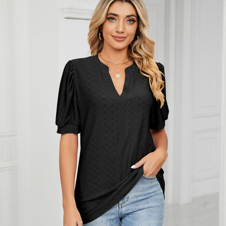 Women Summer Casual V-Neck Hollow Bubble Sleeve Loose T-Shirt, Size: L