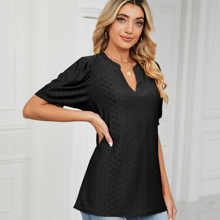 Women Summer Casual V-Neck Hollow Bubble Sleeve Loose T-Shirt, Size: L