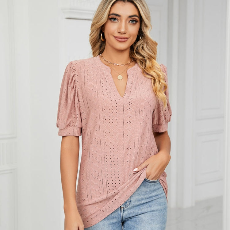 Women Summer Casual V-Neck Hollow Bubble Sleeve Loose T-Shirt, Size: L