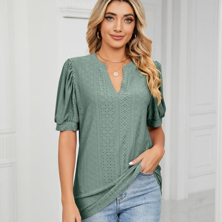 Women Summer Casual V-Neck Hollow Bubble Sleeve Loose T-Shirt, Size: L