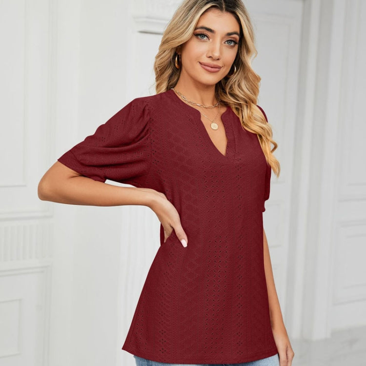 Women Summer Casual V-Neck Hollow Bubble Sleeve Loose T-Shirt, Size: L