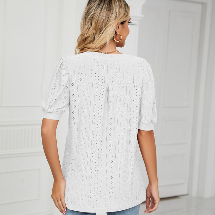 Women Summer Casual V-Neck Hollow Bubble Sleeve Loose T-Shirt, Size: XL