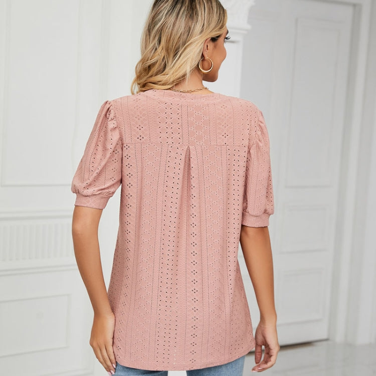 Women Summer Casual V-Neck Hollow Bubble Sleeve Loose T-Shirt, Size: XL