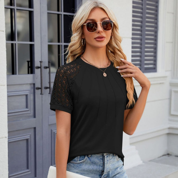 Summer Women Round Neck Flower Lace Patchwork Short Sleeve T-Shirt, Size: M