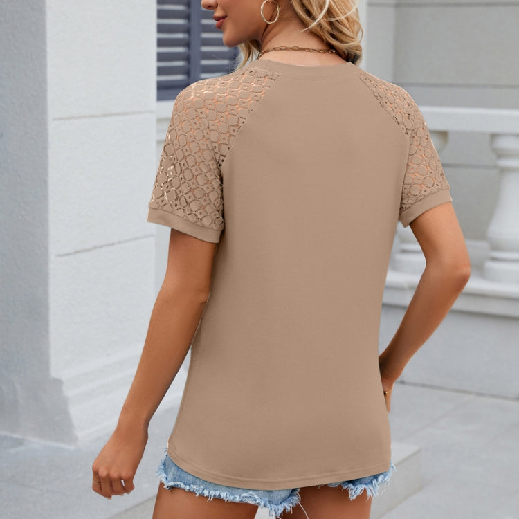 Summer Women Round Neck Flower Lace Patchwork Short Sleeve T-Shirt, Size: M