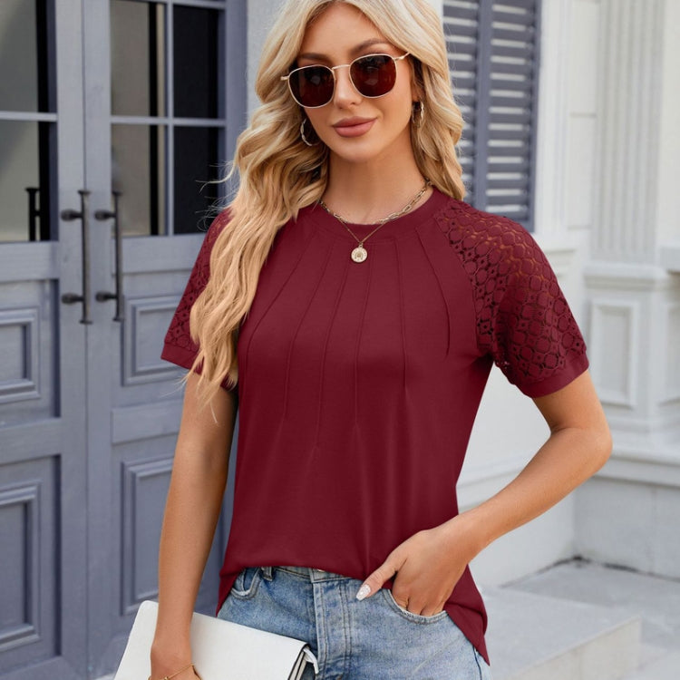 Summer Women Round Neck Flower Lace Patchwork Short Sleeve T-Shirt, Size: L