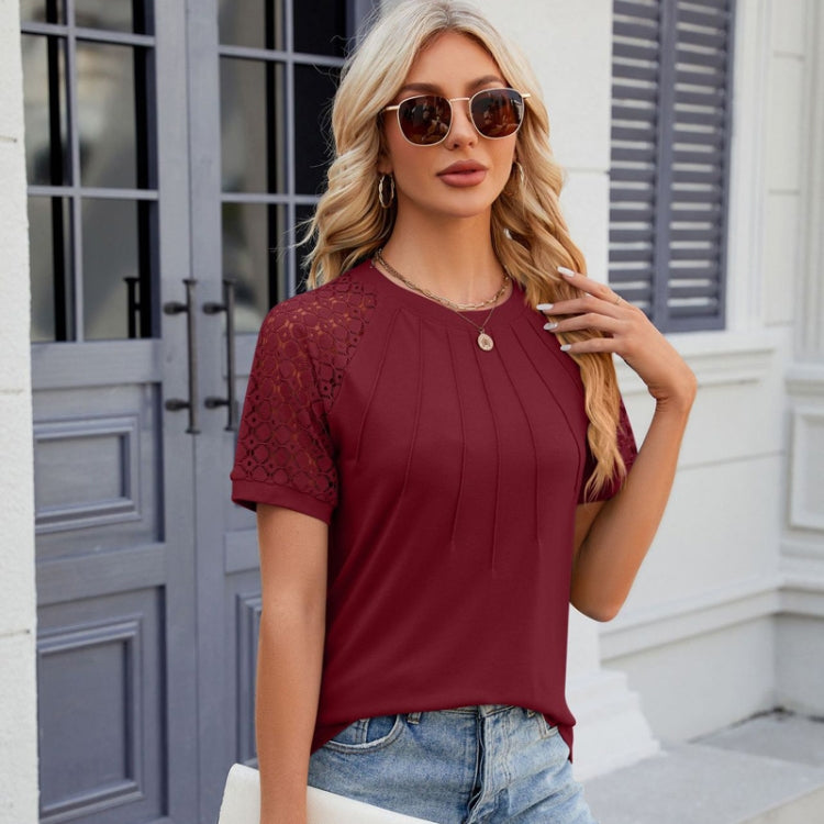 Summer Women Round Neck Flower Lace Patchwork Short Sleeve T-Shirt, Size: XL