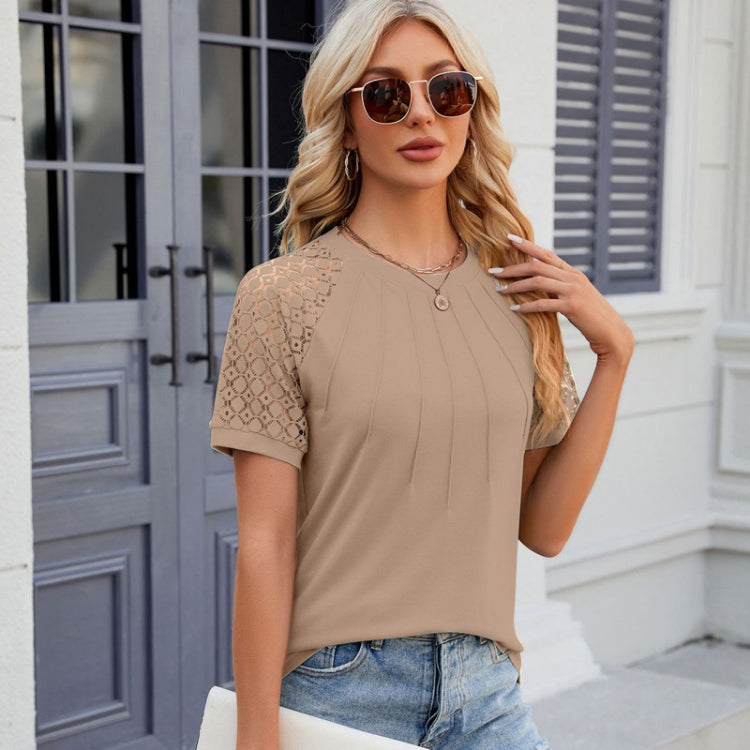 Summer Women Round Neck Flower Lace Patchwork Short Sleeve T-Shirt, Size: XXL