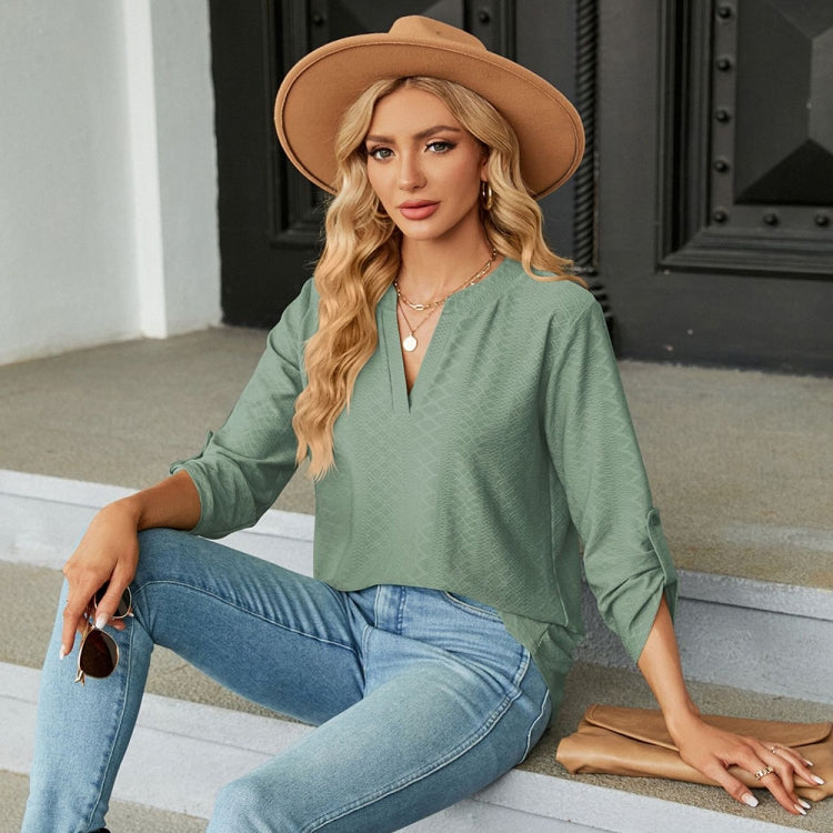 Solid Color Jacquard V-neck Button Three-quarter Sleeve Loose T-shirt Top, Size: S