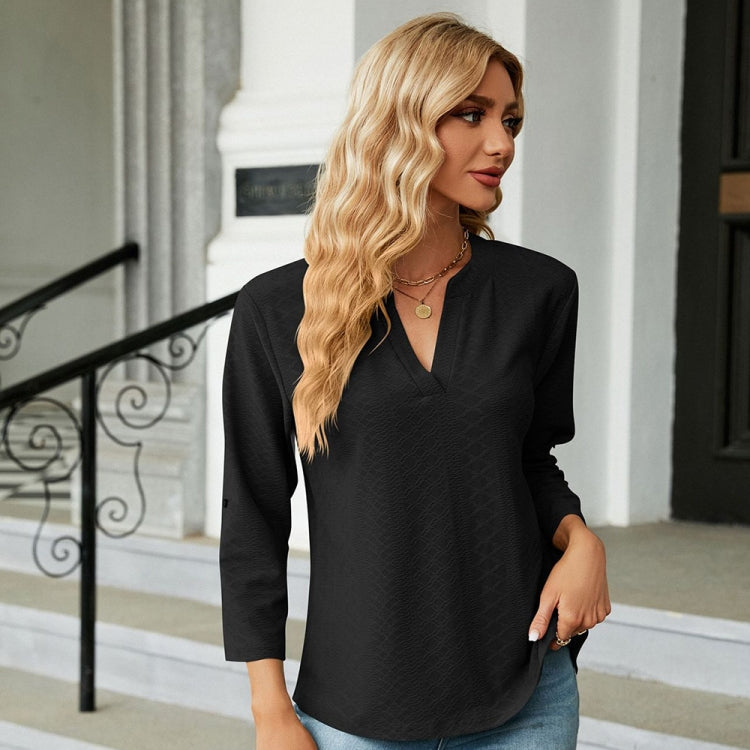 Solid Color Jacquard V-neck Button Three-quarter Sleeve Loose T-shirt Top, Size: M