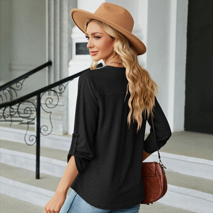 Solid Color Jacquard V-neck Button Three-quarter Sleeve Loose T-shirt Top, Size: M