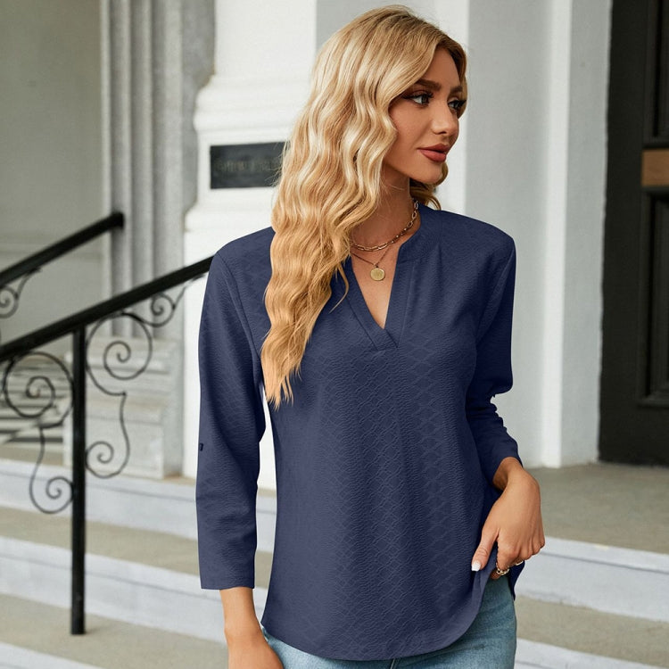 Solid Color Jacquard V-neck Button Three-quarter Sleeve Loose T-shirt Top, Size: M
