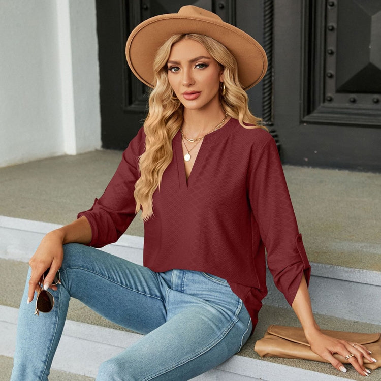 Solid Color Jacquard V-neck Button Three-quarter Sleeve Loose T-shirt Top, Size: M