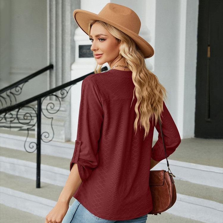 Solid Color Jacquard V-neck Button Three-quarter Sleeve Loose T-shirt Top, Size: M
